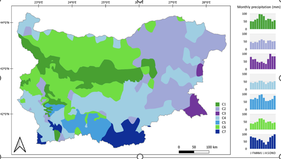 Regionalisation of precipitation regimes in Bulgaria with seven precipitation clusters C1–C7 and their monthly precipitation profiles.