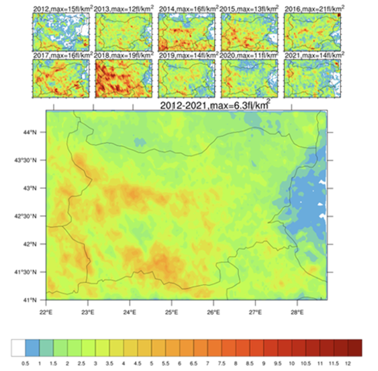 Annual lightning density over Bulgaria from ATDnet, 2012–2021