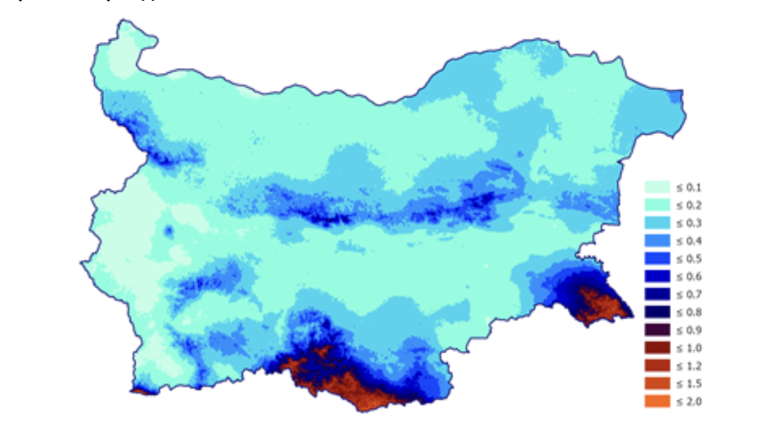 Average annual number of days with extreme precipitation across Bulgaria, 1931–2019